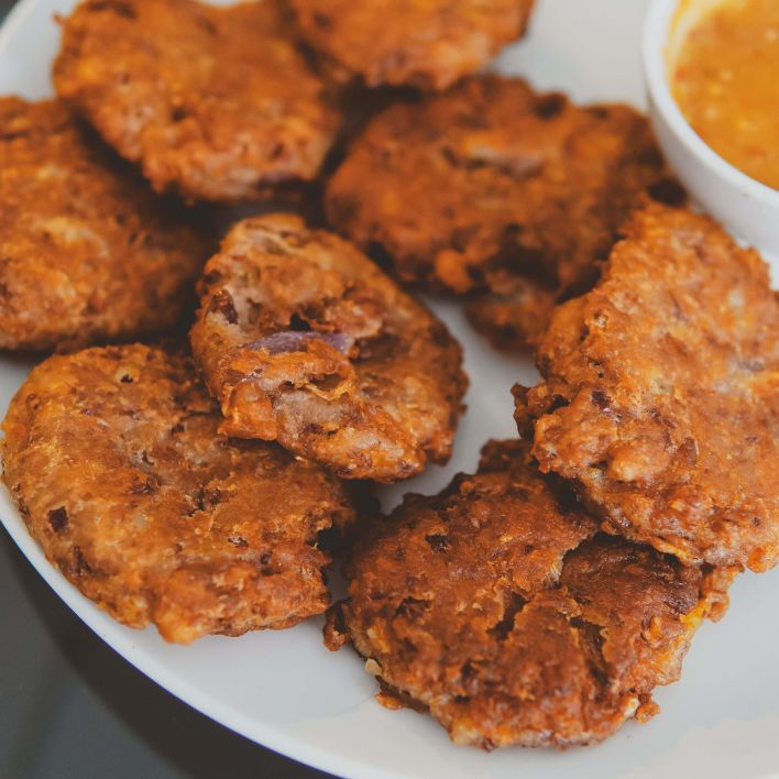 pecan chicken fritters: with sweet mustard sauce