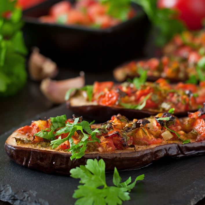 mini eggplant crisp: tomato, garlic, onion, pine nuts and feta cheese