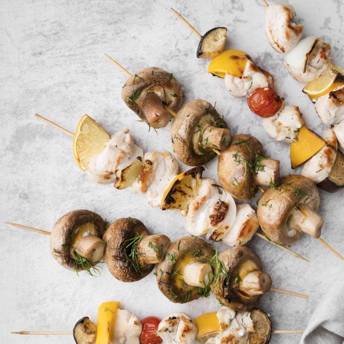 roasted mushroom, red pepper and mozzarella skewer