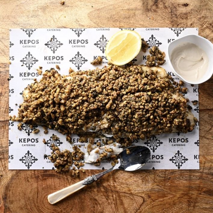 Baked barramundi* fillet, walnuts, chilli herb crust, sesame dressing (on the side)