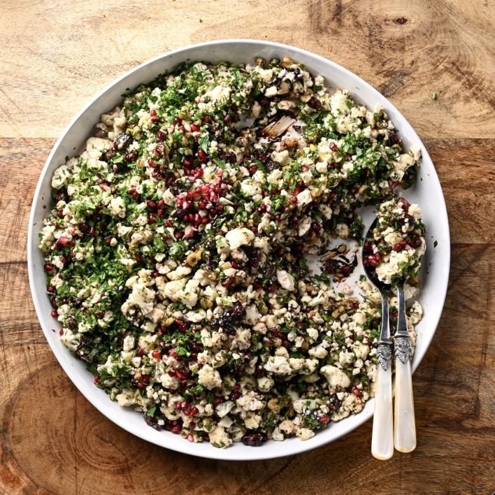 Cauliflower, cranberries, pistachio, pomegranate, mint salad