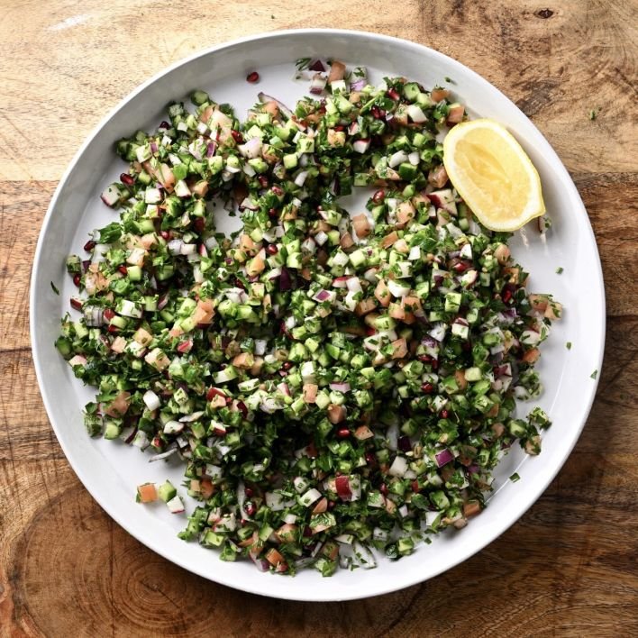 Chopped salad, tomato, cucumber, herbs, spring onions
