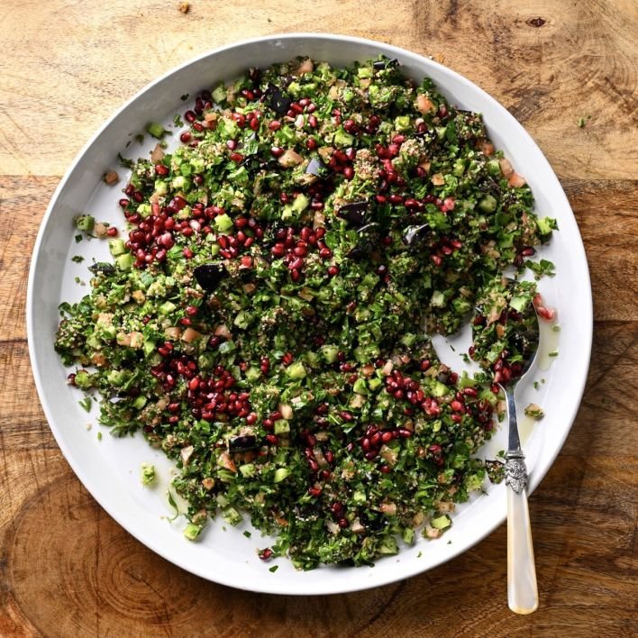 Tabouleh, eggplant, pomegranate, burghul