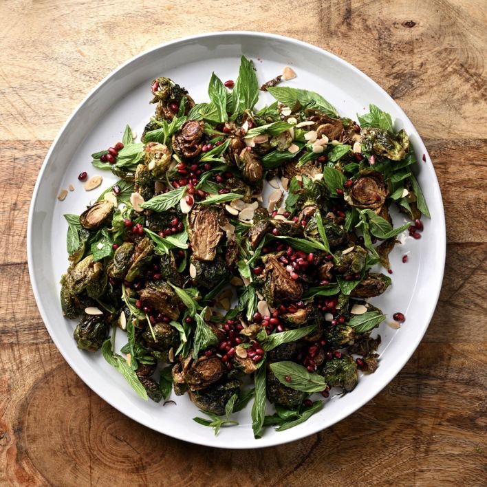 Fried Brussels sprouts, slivered almonds, herbs, pomegranate