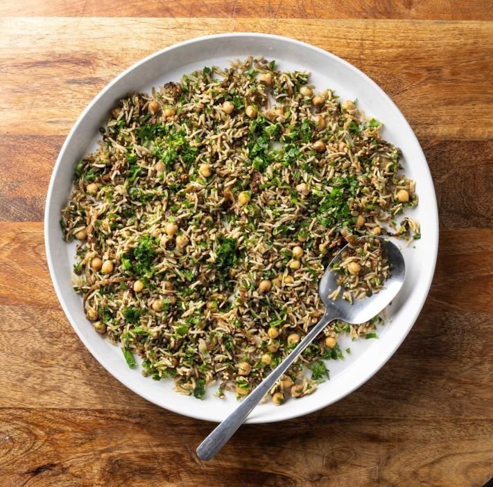 Koshari rice salad, lentils, fried onions, chickpeas