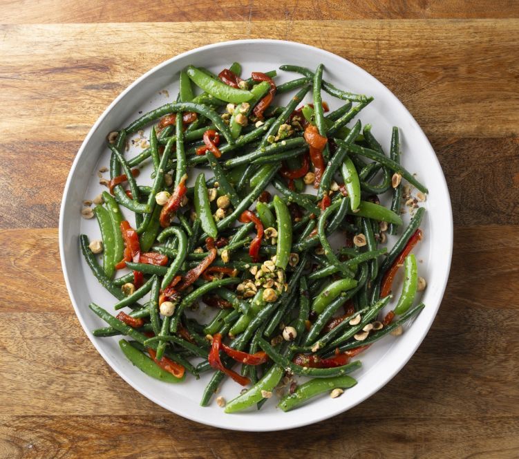 Green beans, sugar snaps, roasted capsicum, hazelnuts