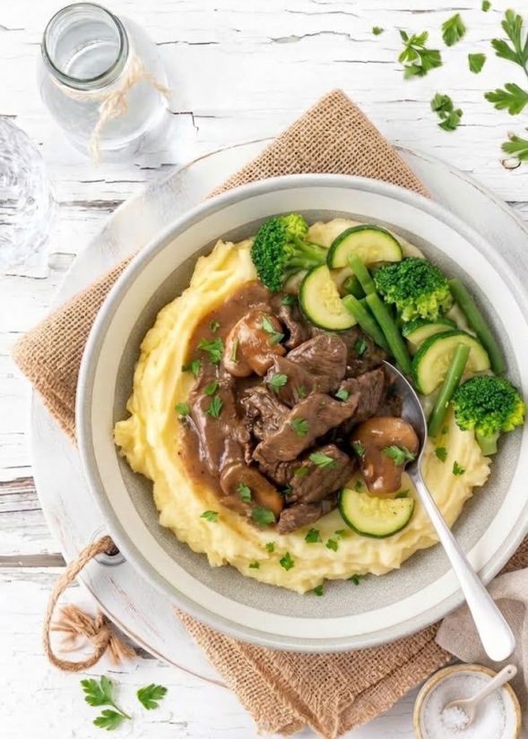 O3 Beef Stroganoff with Mash Potato and Seasonal Greens