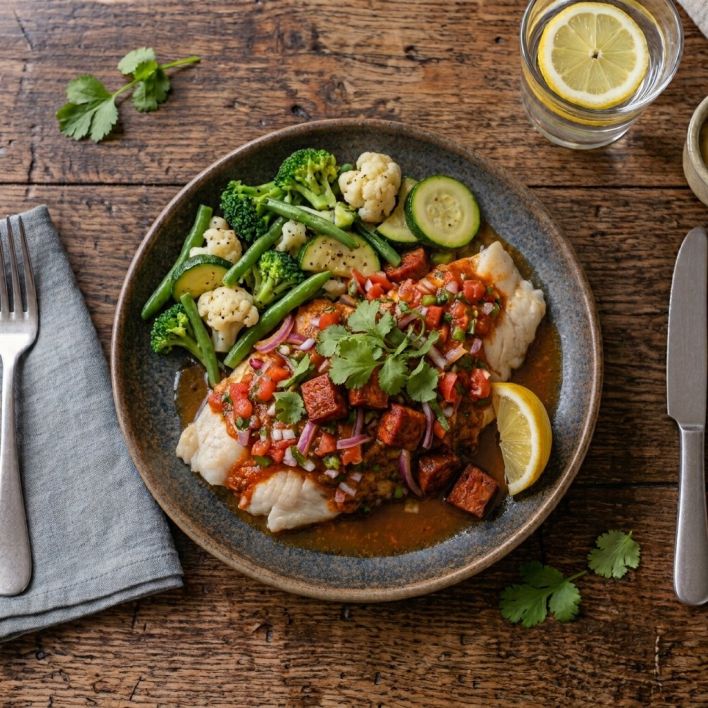 O7 Steamed Fish with Chorizo and Tomato Salsa with Roasted Potatoes and Seasonal Greens (Mild)