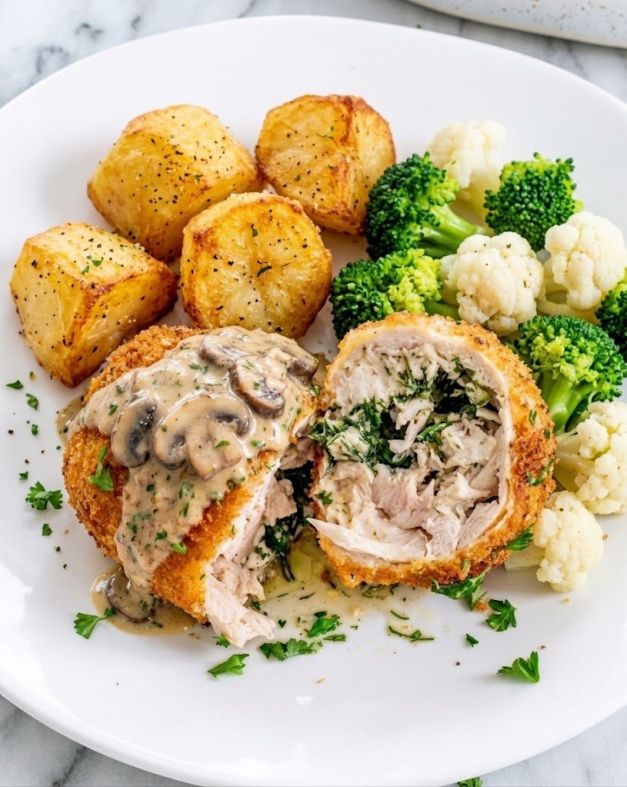O5 Chicken Kiev with Mushroom Sauce, Roasted Potatoes and Seasonal Greens