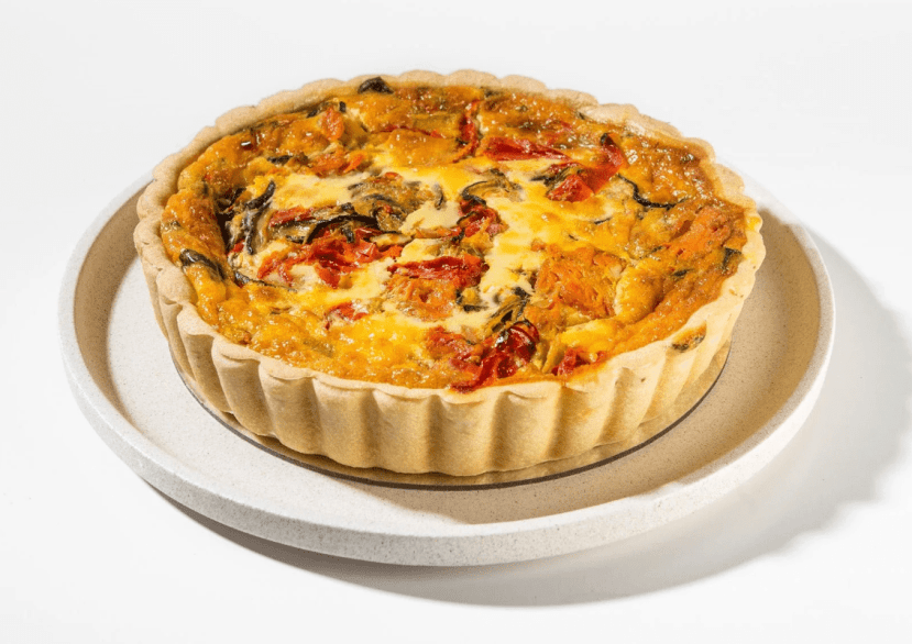 O10 Roasted Vegetable Quiche, Mash Potato with Seasonal Greens