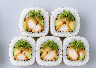 Chicken Karaage & Avocado Futomaki, Shiso Cress