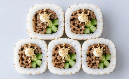 Wagyu Beef & Cucumber Futomaki, Mayo + Toasted Sesame