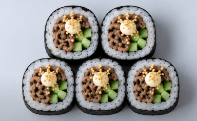Wagyu Beef & Cucumber Futomaki, Mayo + Toasted Sesame