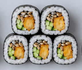 Sweet Potato Tempura & Cucumber Futomaki, Toasted Sunflower Seeds