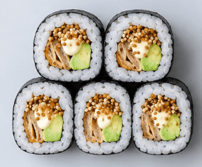 Inari & Avocado Futomaki, Mayo + Crispy Quinoa