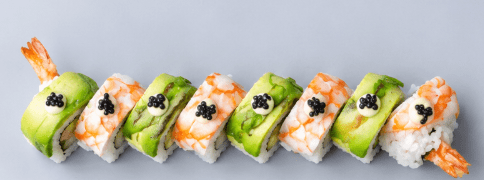 Tiger Roll - Tempura Prawn, Cucumber, Avocado, Sweet Soy, Honey Mayo, Avruga Caviar
