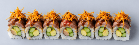 Wagyu Roll - Seared Wagyu Strips, Avocado, Caramelised Onion, Yakiniku Sauce, Honey Mayo, Sweet Potato Crisps