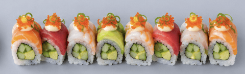 Rainbow Roll - Salmon, Tuna, Prawn, Avocado, Cucumber, Flying Fish Roe, Chilli Mayo, Spring Onions